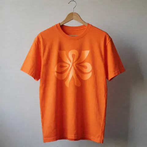 Un t-shirt orange vif est suspendu sur un cintre en bois, posé contre un mur gris, mettant en valeur le textile et le design du produit.