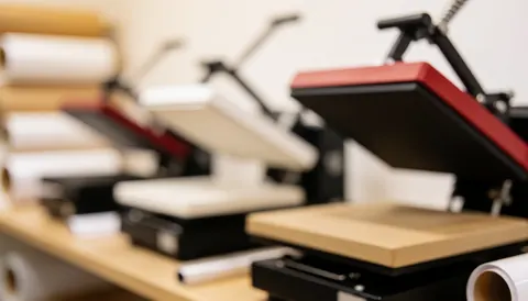 Arrière-plan professionnel montrant des presses thermiques et des rouleaux de papier transfert pour l'impression textile, idéal pour le design de vêtements.