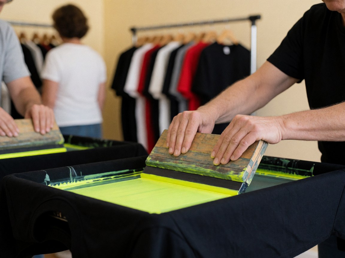 Main utilisant une raclette pour appliquer de l'encre néon brillante sur un t-shirt noir dans un atelier de personnalisation avec des cintres en arrière-plan.