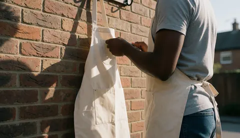 Un tablier est accroché à un mur en briques dans un espace de travail, baigné de lumière naturelle qui crée des ombres douces sur la texture du mur.