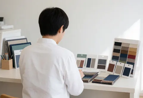 Vue arrière d'une personne choisissant un tissu sur un comptoir de personnalisation vestimentaire dans un environnement professionnel clair avec des échantillons de couleurs et textures.
