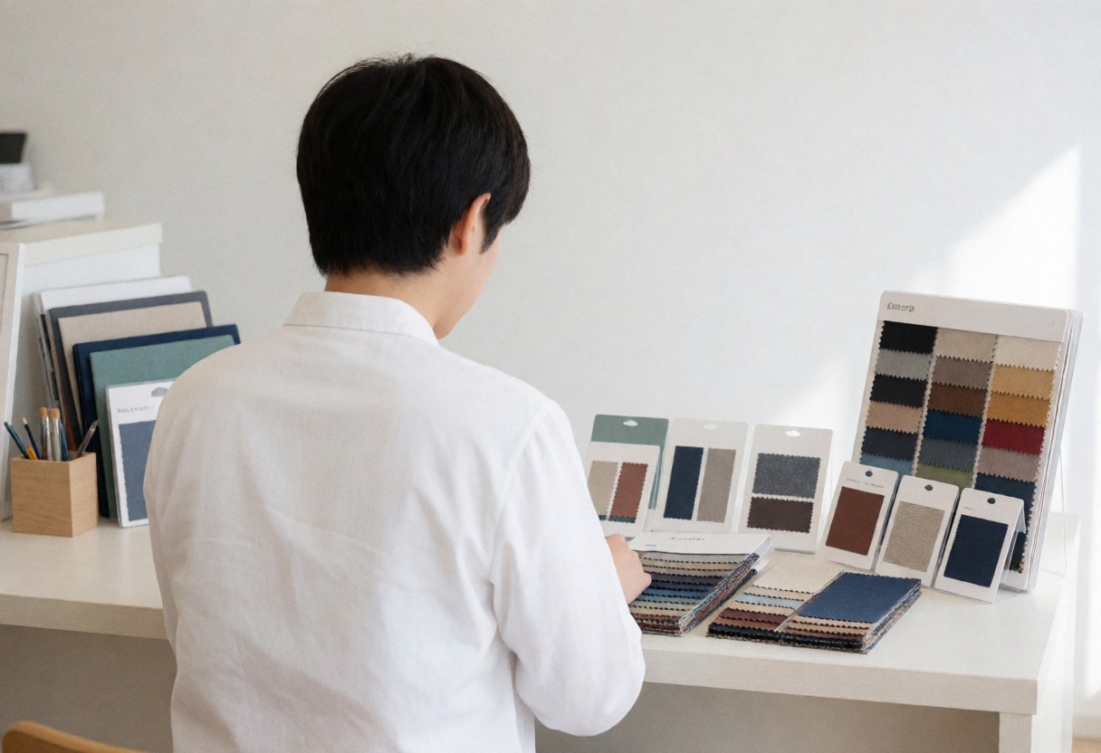 Vue arrière d'une personne choisissant un tissu sur un comptoir de personnalisation vestimentaire dans un environnement professionnel clair avec des échantillons de couleurs et textures.