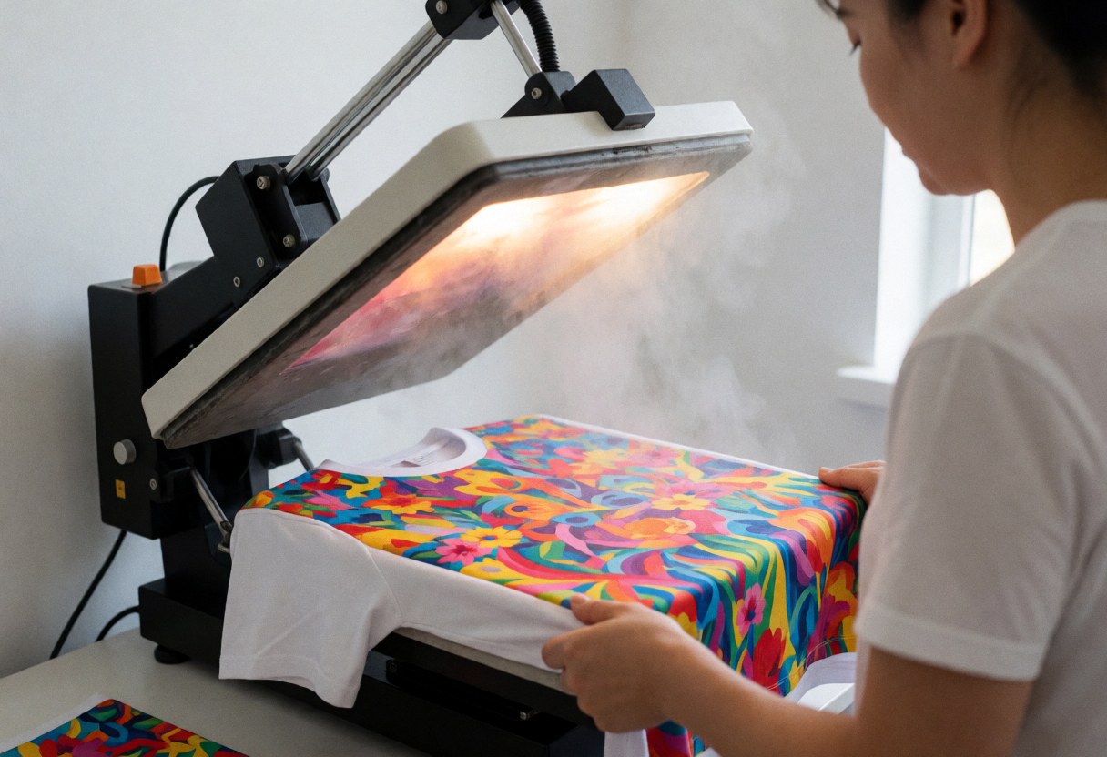 Une personne utilise une presse thermique pour appliquer un design coloré sur un t-shirt, produisant de la vapeur dans un environnement professionnel au fond blanc.