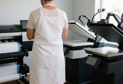 Vue arrière d'une personne portant un tablier blanc, regardant des machines d'impression numérique dans un atelier moderne et lumineux.