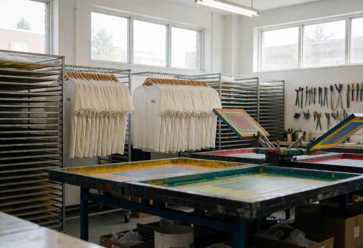 Atelier d'impression avec des t-shirts blancs suspendus sur des racks, tables d'encre aux couleurs variées et outils accrochés aux murs, ambiance industrielle propre et bien éclairée par les fenêtres.
