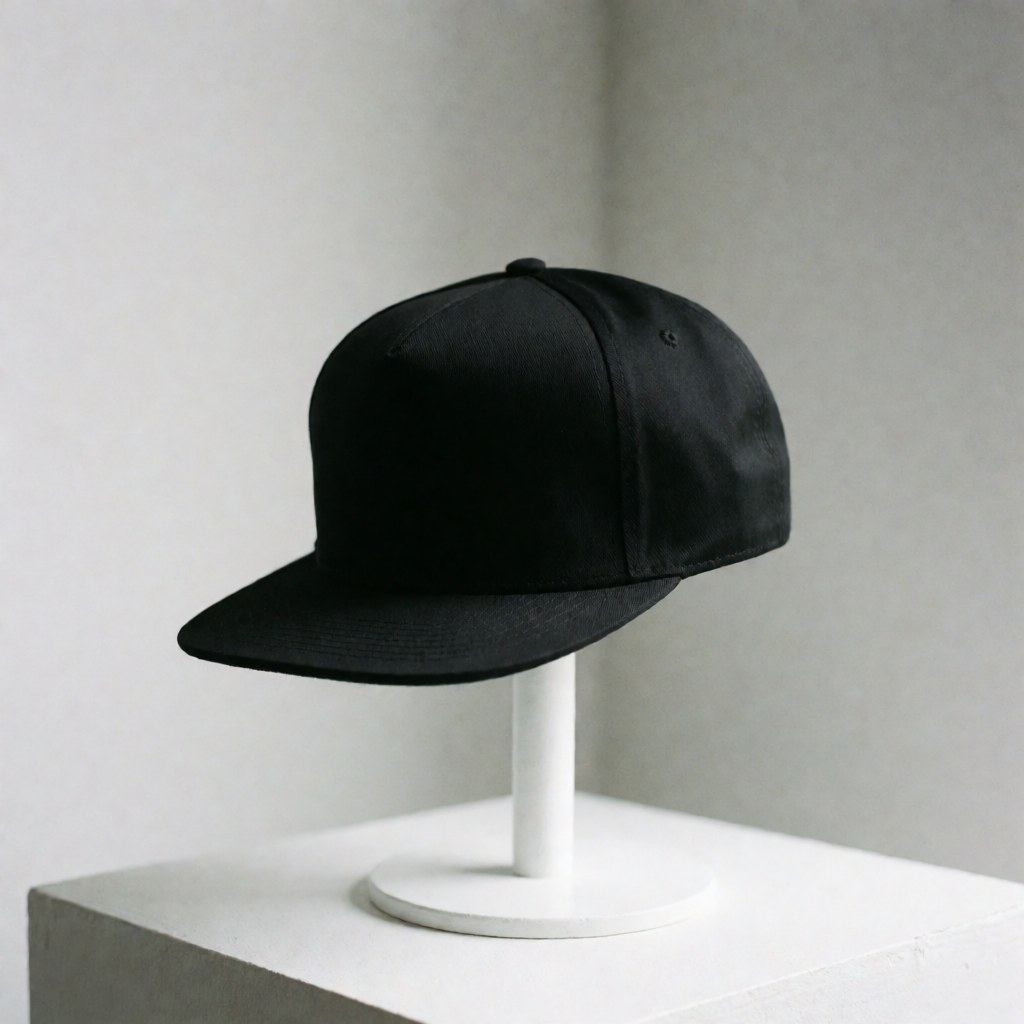 Casquette noire de style moderne posée sur un support blanc avec un fond gris clair et une lumière douce.
