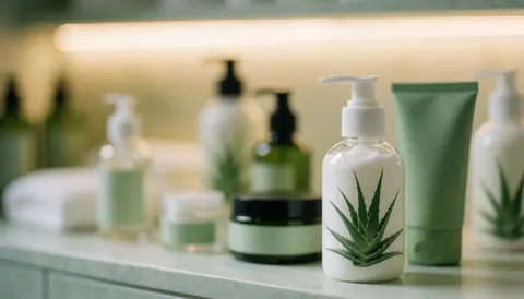 Arrière-plan esthétique et flou mettant en valeur des produits de soins naturels comme des crèmes et des bouteilles pour un usage textuel.