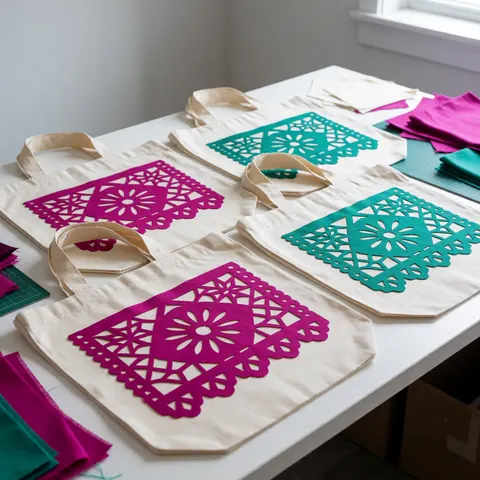 Des sacs en toile décorés de motifs de papel picado magenta et teal posés sur une table blanche avec des matériaux de couture.