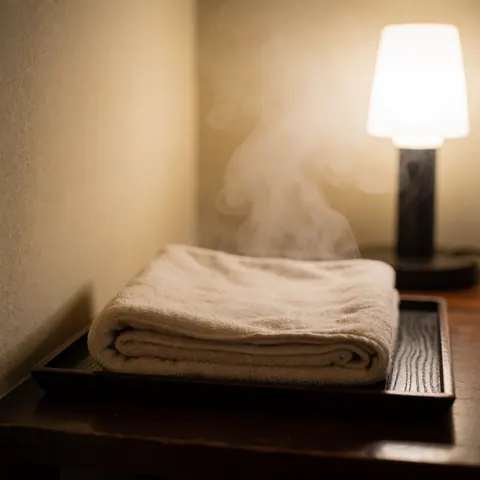 Serviette en bambou premium posée sur un plateau en bois sombre, émettant de la vapeur dans un environnement relaxant et chaleureux.
