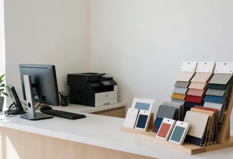 Comptoir de personnalisation de vêtements avec échantillons de tissu, ordinateur, imprimante et mur blanc. Ambiance professionnelle et propre pour des projets de design vestimentaire.