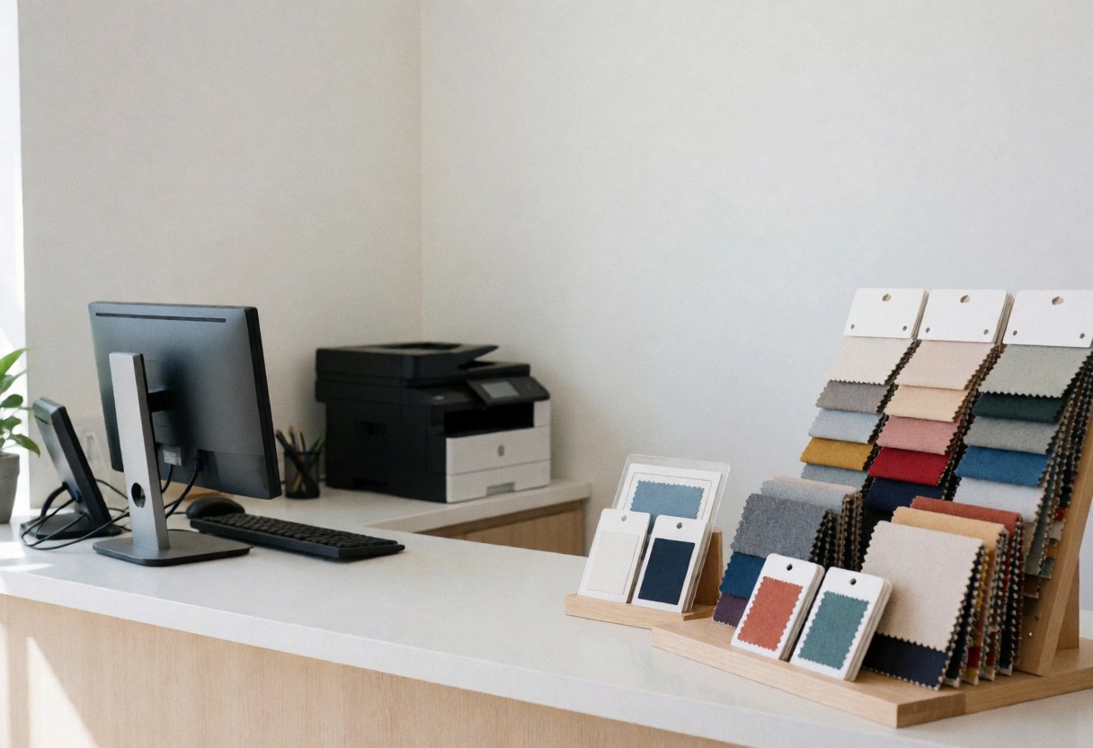 Comptoir de personnalisation de vêtements avec échantillons de tissu, ordinateur, imprimante et mur blanc. Ambiance professionnelle et propre pour des projets de design vestimentaire.