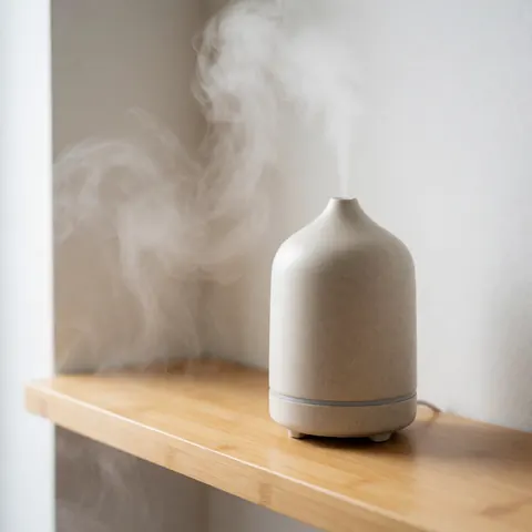 Un diffuseur d'arôme en céramique sur une étagère en bois contre un mur blanc, émettant un nuage de vapeur douce dans un intérieur minimaliste et apaisant.