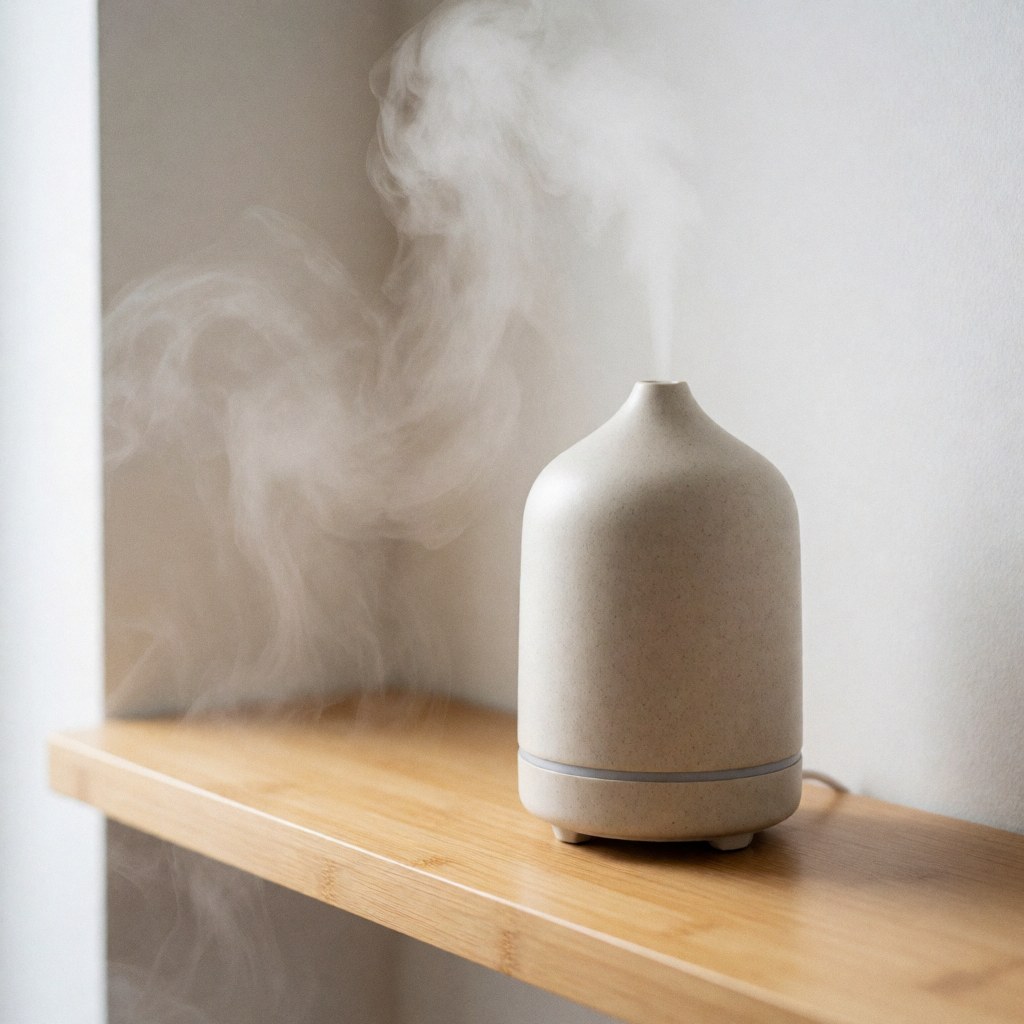 Un diffuseur d'arôme en céramique sur une étagère en bois contre un mur blanc, émettant un nuage de vapeur douce dans un intérieur minimaliste et apaisant.
