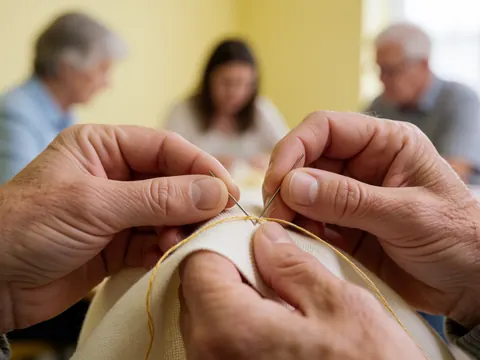 Vue rapprochée d'une main effectuant une couture manuelle avec du fil et une aiguille sur un tissu, mettant en évidence le travail artisanal et les détails du textile.