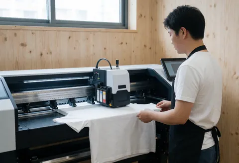 Un opérateur supervise la personnalisation d'un vêtement blanc via une imprimante numérique industrielle dans un atelier professionnel.