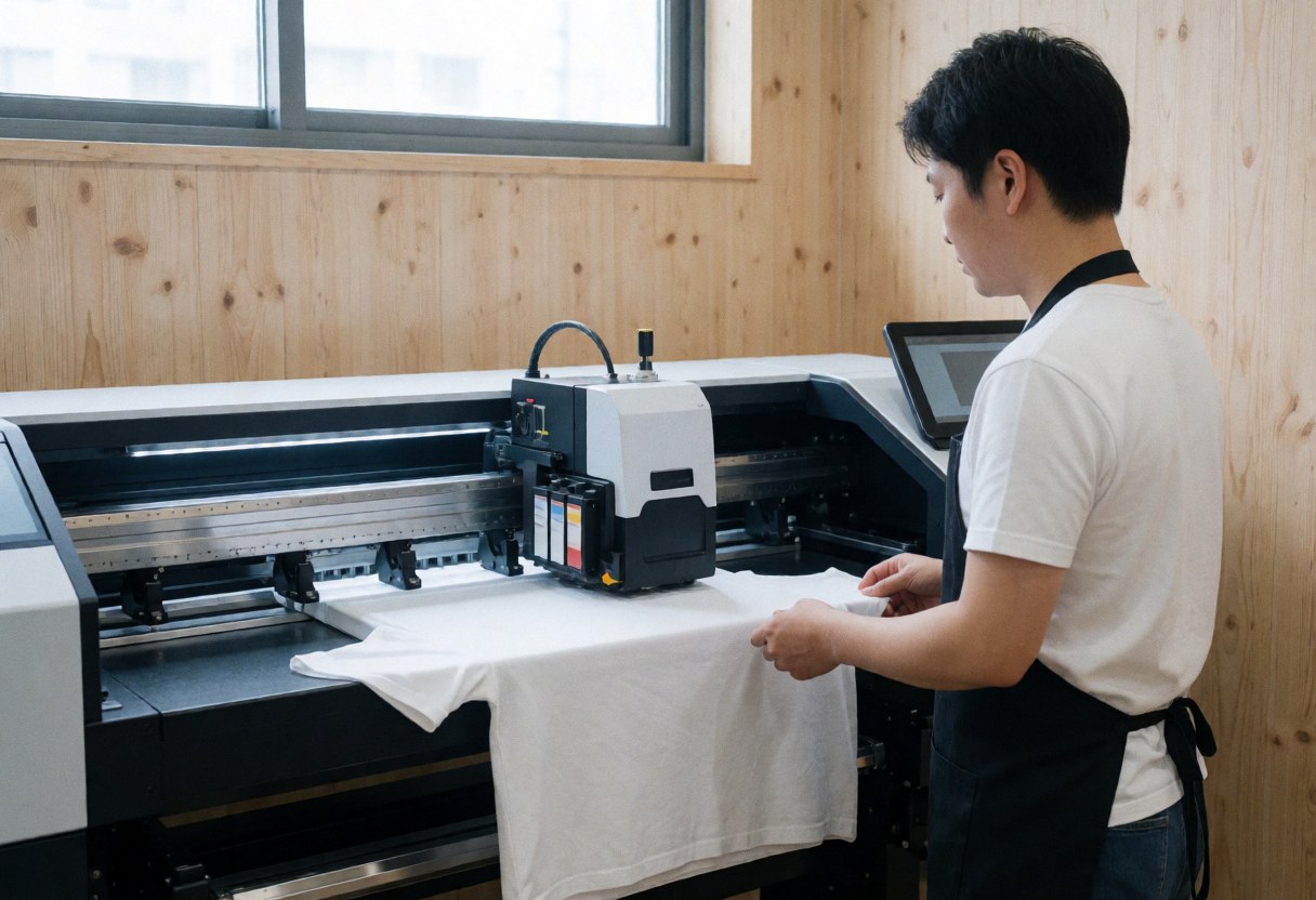 Un opérateur supervise la personnalisation d'un vêtement blanc via une imprimante numérique industrielle dans un atelier professionnel.