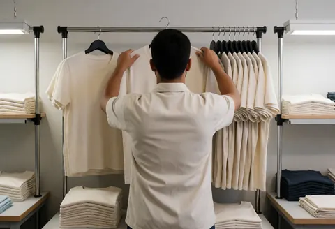 Un employé place des t-shirts blancs sur une étagère métallique dans un atelier de confection organisé et bien éclairé.