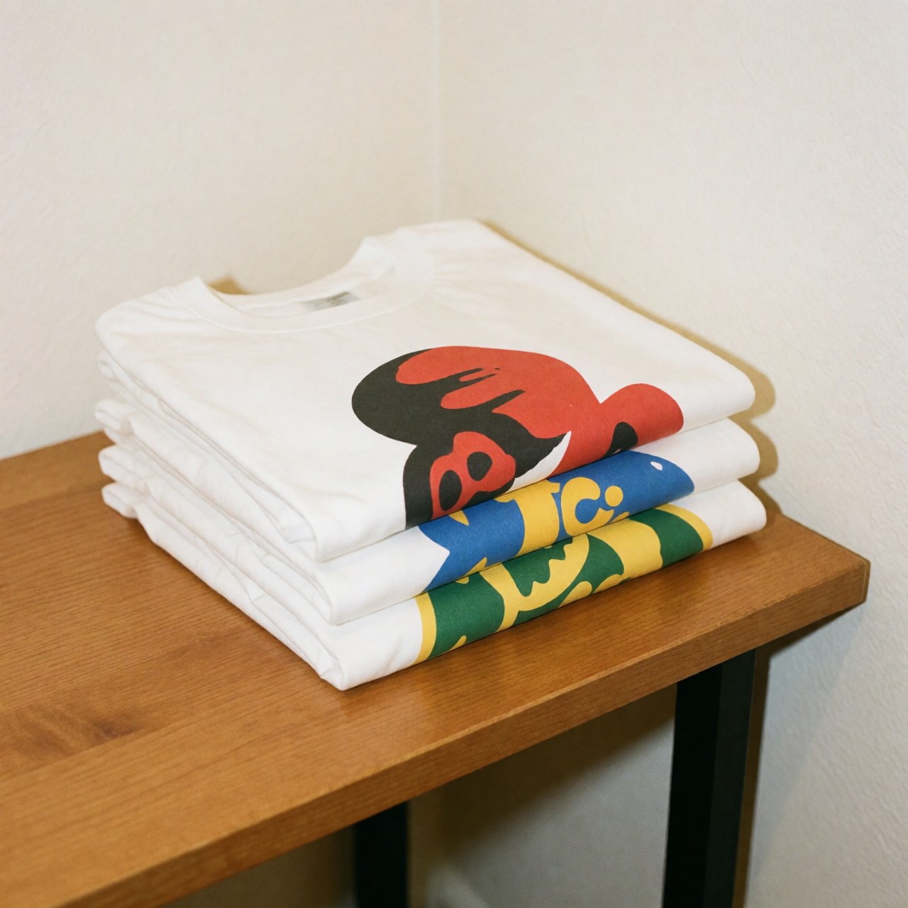Plusieurs t-shirts blancs pliés disposés sur une surface en bois clair, présentant un design personnalisé pour la vente en boutique.