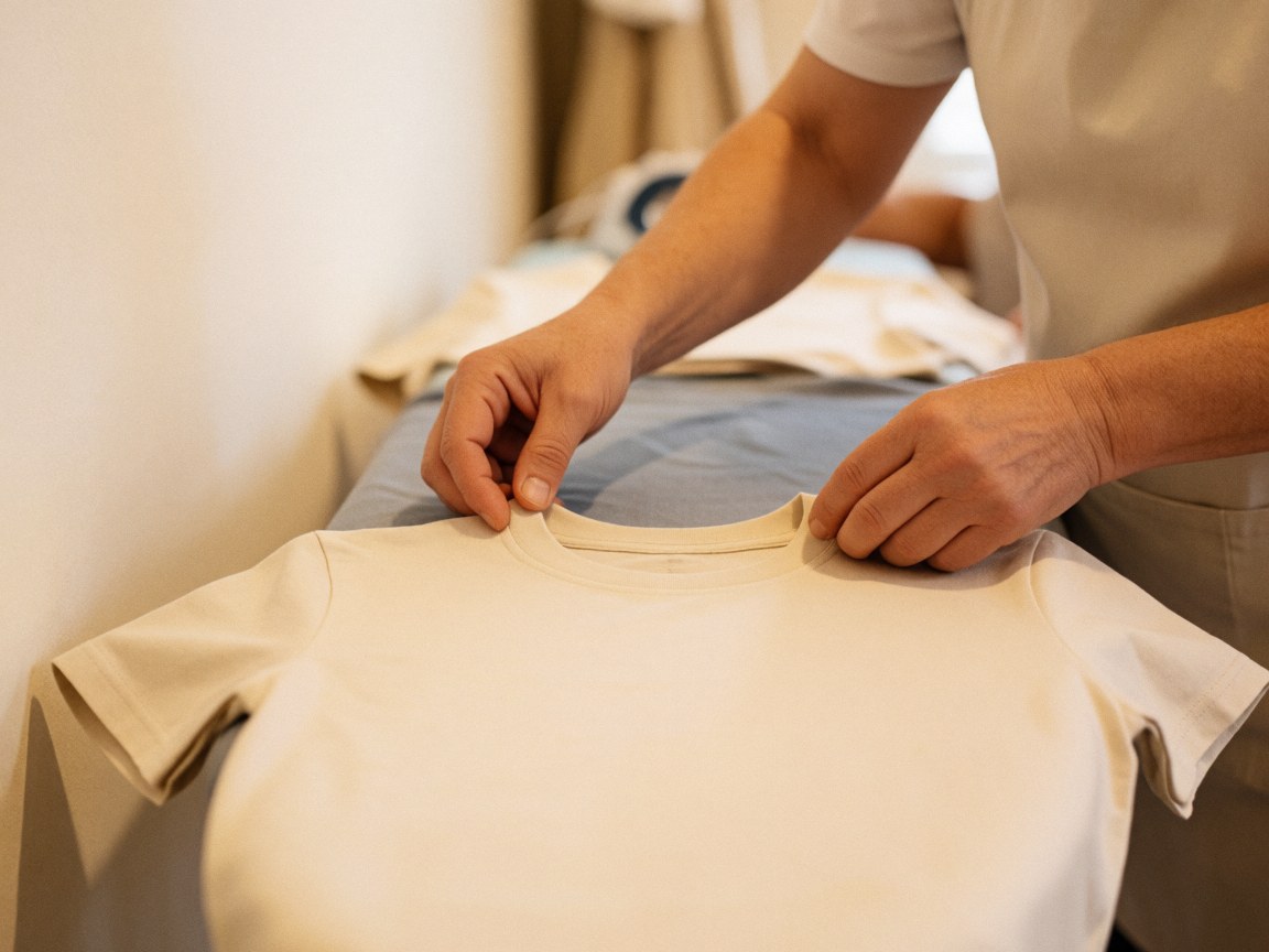 Vue rapprochée d'une main ajustant le col d'un t-shirt blanc posé sur une table, éclairage professionnel mettant en valeur les détails textiles.