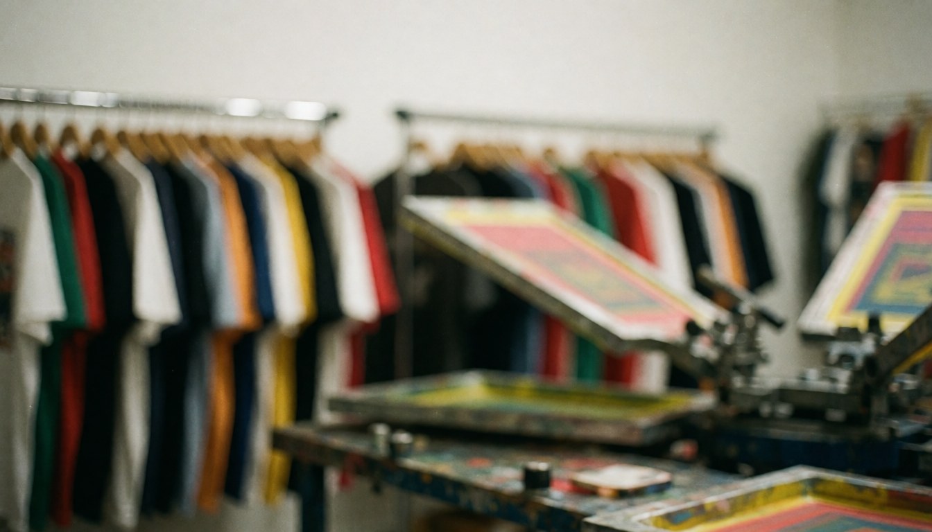 Des t-shirts blancs sont soigneusement empilés sur une surface plane en métal, créant un fond neutre et texturé idéal pour la mise en page publicitaire ou le design graphique.