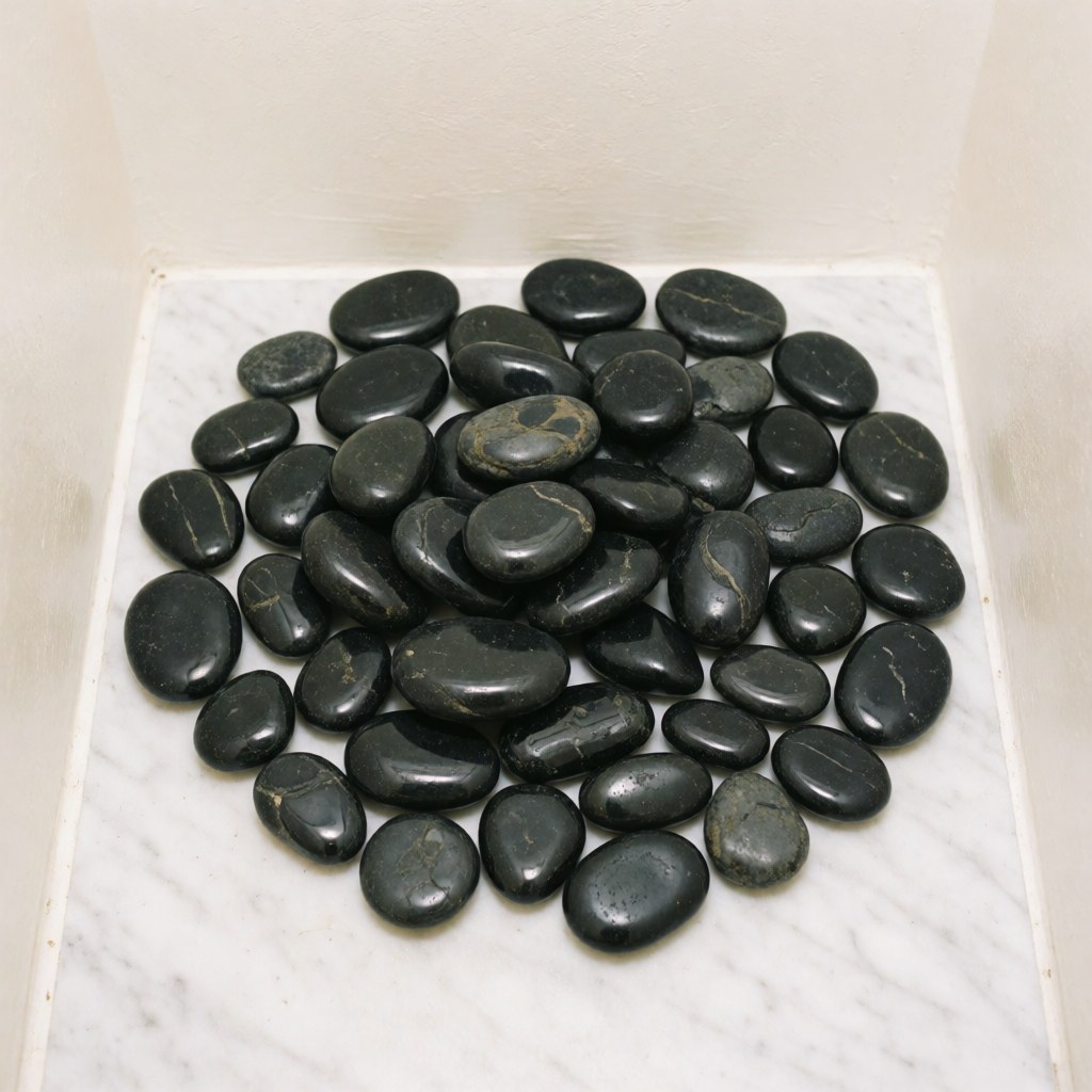 Plusieurs pierres noires en basalte disposées sur une surface blanche lisse, évoquant un environnement de spa professionnel.