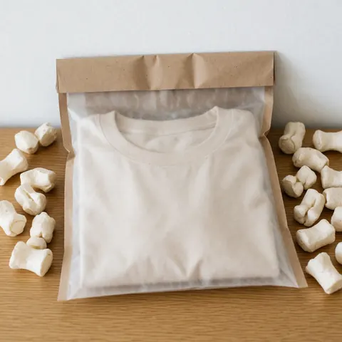 T-shirt beige plié dans un emballage compostable translucide sur une surface en bois clair, idéal pour le commerce de vêtements durables.