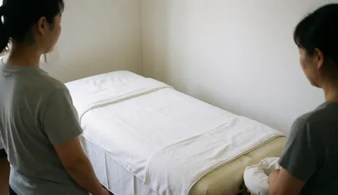 Une chaise de massage professionnelle recouverte de draps blancs impeccables, prête pour une séance dans un environnement spa calme et serein.