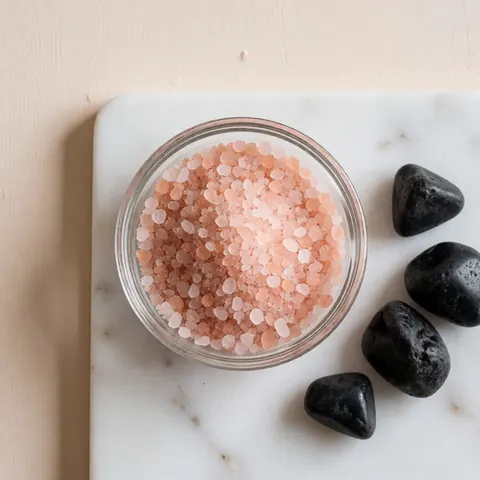 Un bol en céramique rempli de gros cristaux de sel rose est disposé à côté d'une pile de pierres de basalte noires et lisses, évoquant le bien-être et la détente.