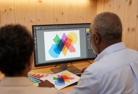 Écran d'ordinateur affichant un logiciel de dessin vectoriel avec des formes géométriques colorées, posé sur une surface en bois clair dans un environnement professionnel.