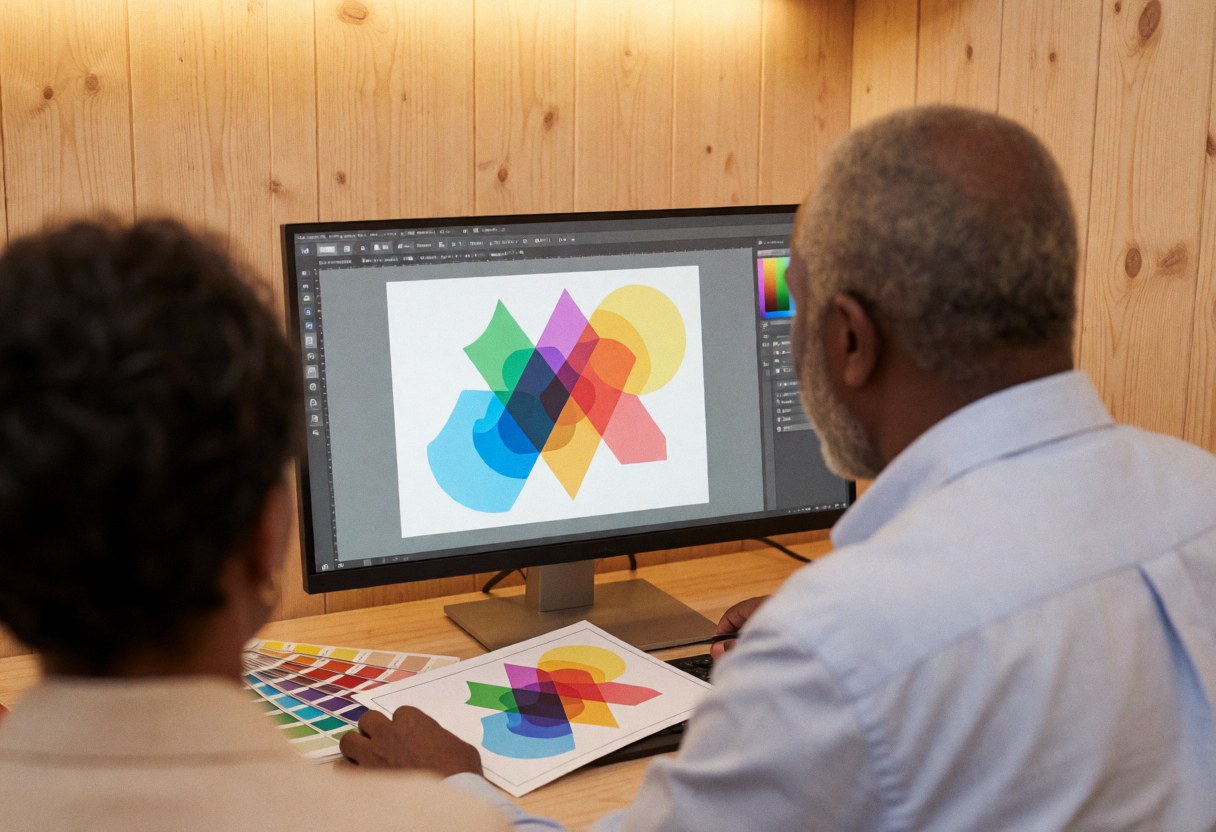 Écran d'ordinateur affichant un logiciel de dessin vectoriel avec des formes géométriques colorées, posé sur une surface en bois clair dans un environnement professionnel.