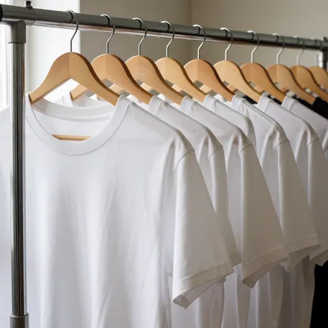 T-shirts blancs en coton disposés sur des cintres en bois posés sur un support métallique, éclairage naturel et fond neutre, idéal pour la personnalisation et la vente de vêtements.