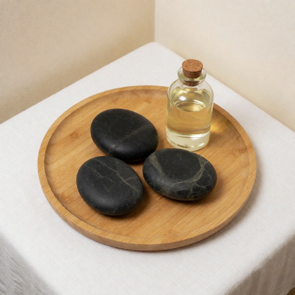 Ensemble de soins avec pierres volcaniques noires, huile essentielle en flacon verre et bouchon liège posés sur plateau bois rond.