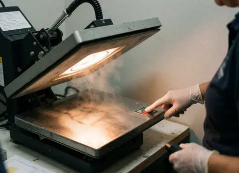 Un opérateur portant des gants appuie sur un bouton rouge d'une presse thermique. De la vapeur s'échappe de la plaque chaude sur fond gris clair, illustrant la personnalisation de vêtements.