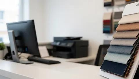 Espace vide sur fond uni servant de support visuel pour des échantillons de tissus et du matériel de bureau professionnel.