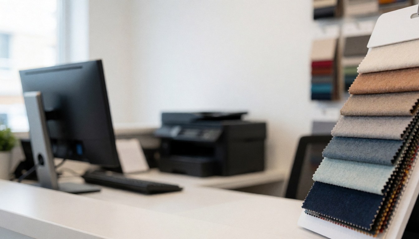 Espace vide sur fond uni servant de support visuel pour des échantillons de tissus et du matériel de bureau professionnel.