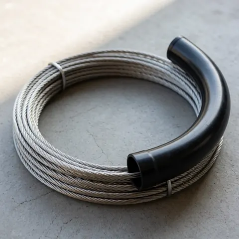 Gros plan d'un câble de frein pour vélo avec une gaine noire et un noyau en acier inoxydable posé sur une surface en béton gris.