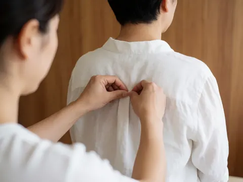 Gros plan montrant des mains effectuant un massage sur l'épaule d'une personne portant une chemise blanche, dans un cadre en bois avec une lumière naturelle.