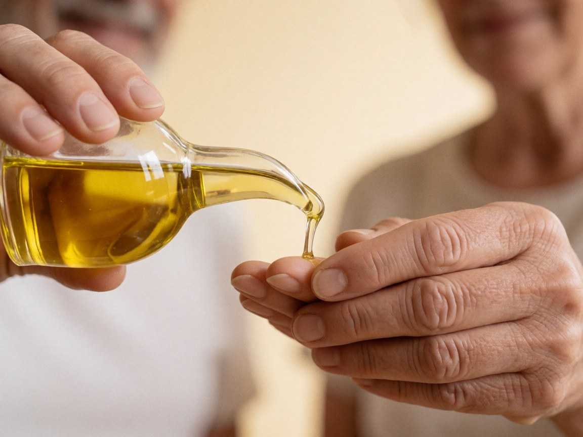 Gouttes d'huile légère et pure s'écoulant lentement, mettant en valeur la texture fluide et naturelle du produit de massage.