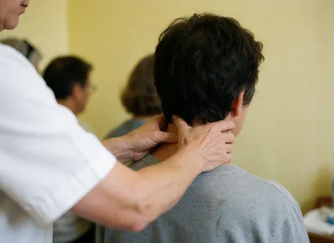 Gros plan sur des mains professionnelles appliquant une pression précise sur la nuque d'un client pour soulager les tensions musculaires.