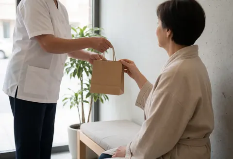 Un praticien en massage thaïlandais tend une pochette cadeau à un client assis, dans un cadre intérieur lumineux et minimaliste évoquant le bien-être.