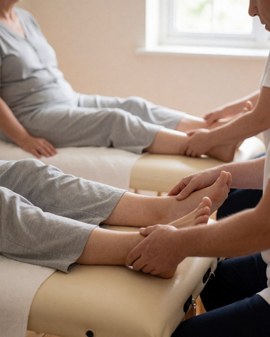 Pratiquant effectuant une réflexologie relaxante sur un client allongé sur une table de massage dans un environnement calme et lumineux.