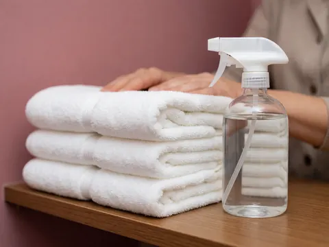 Des serviettes blanches pliées et un flacon de spray de nettoyage disposés sur une étagère en bois, évoquant l'hygiène et la préparation pour un massage thaïlandais.