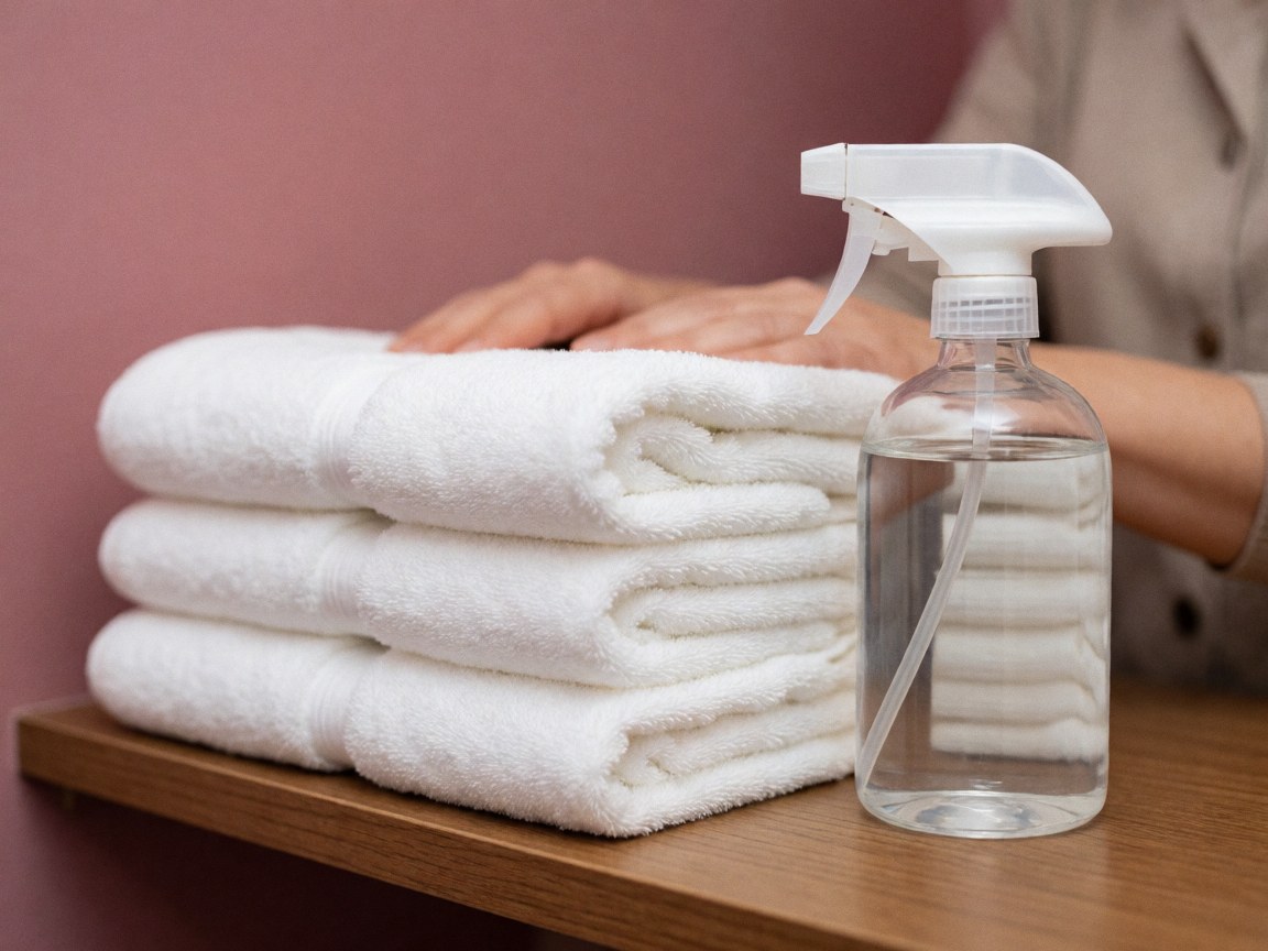 Des serviettes blanches pliées et un flacon de spray de nettoyage disposés sur une étagère en bois, évoquant l'hygiène et la préparation pour un massage thaïlandais.