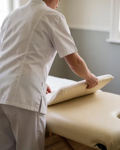 Un thérapeute professionnel prépare son espace de travail pour une séance de massage, assurant l'hygiène et le confort.