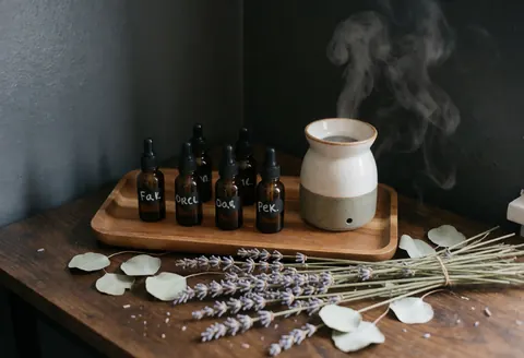 Bouteilles d'huile essentielle, diffuseur, lavande et eucalyptus sur une table en bois sombre avec murs gris, éclairage naturel doux.