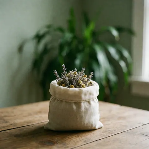 Un sac en tissu contenant des herbes séchées posé sur une surface en bois rustique avec un fond flou naturel.