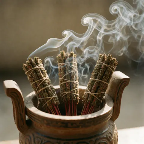 Brûleur traditionnel en céramique contenant de l'encens aux herbes naturelles thaïlandaises, dégageant une fumée douce sous une lumière chaude pour une ambiance relaxante.