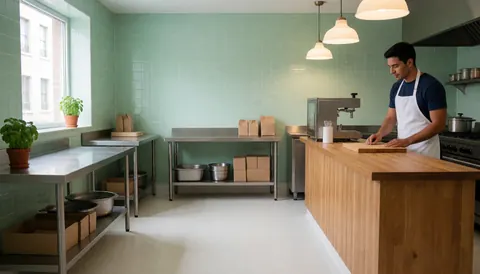 Vue d'une cuisine professionnelle propre et lumineuse, dotée de murs verts, d'un plan de travail en bois et d'équipements modernes.