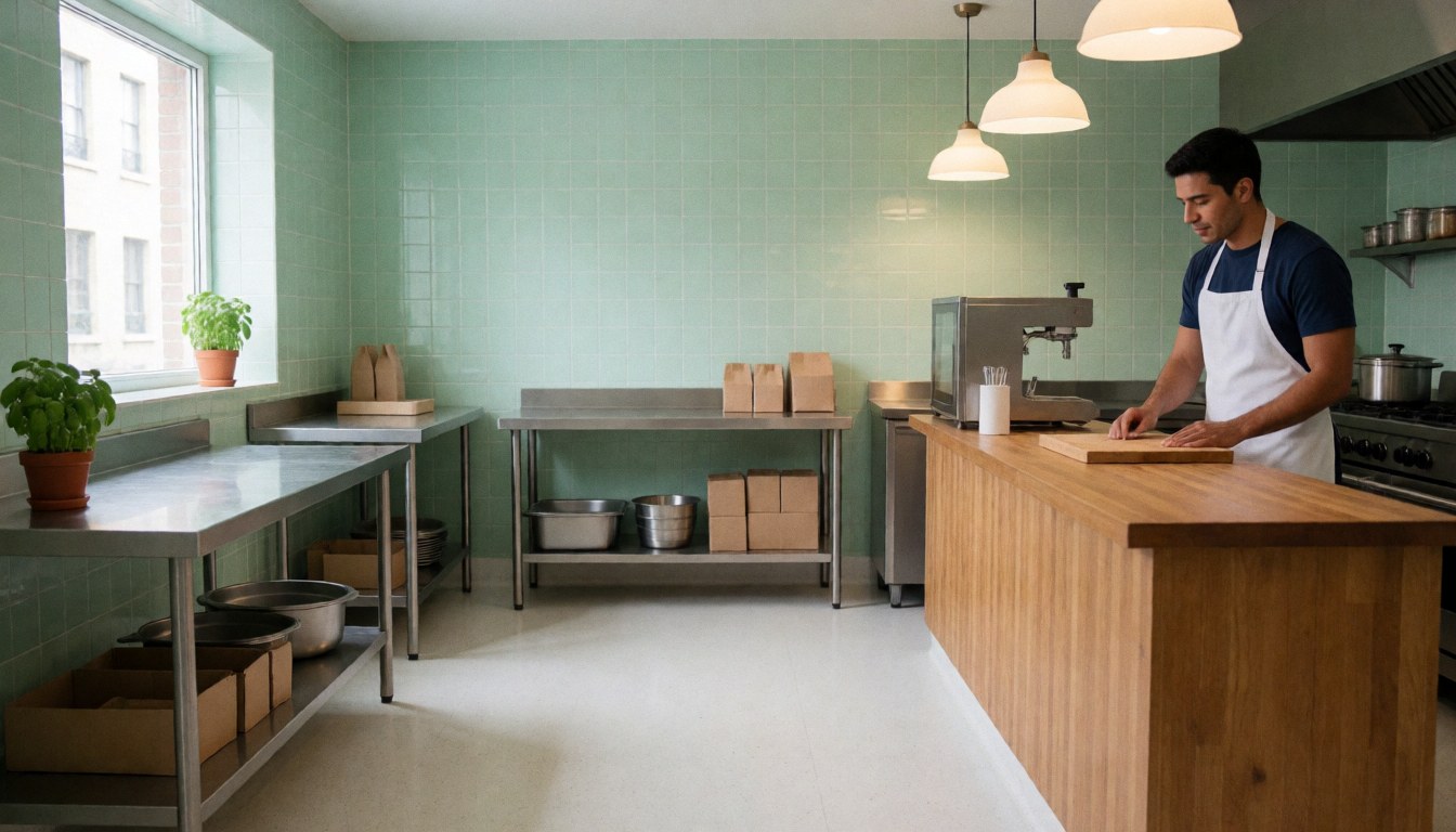 Vue d'une cuisine professionnelle propre et lumineuse, dotée de murs verts, d'un plan de travail en bois et d'équipements modernes.