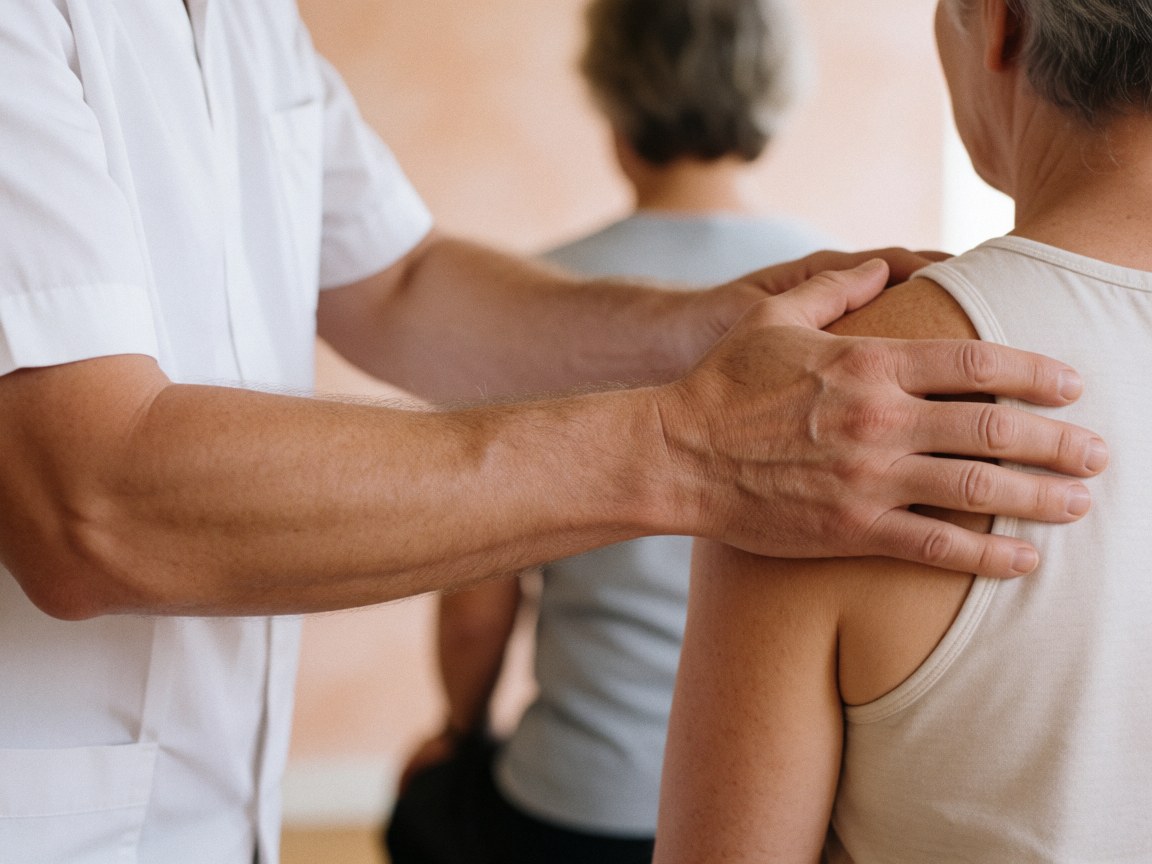 Détail des mains du thérapeute effectuant un massage profond sur l'épaule du client dans un cadre professionnel calme.